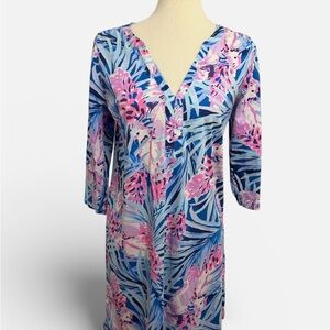 Lilly Pulitzer Blue & Pink Tropical V-Neck Cotton Tunic Dress
